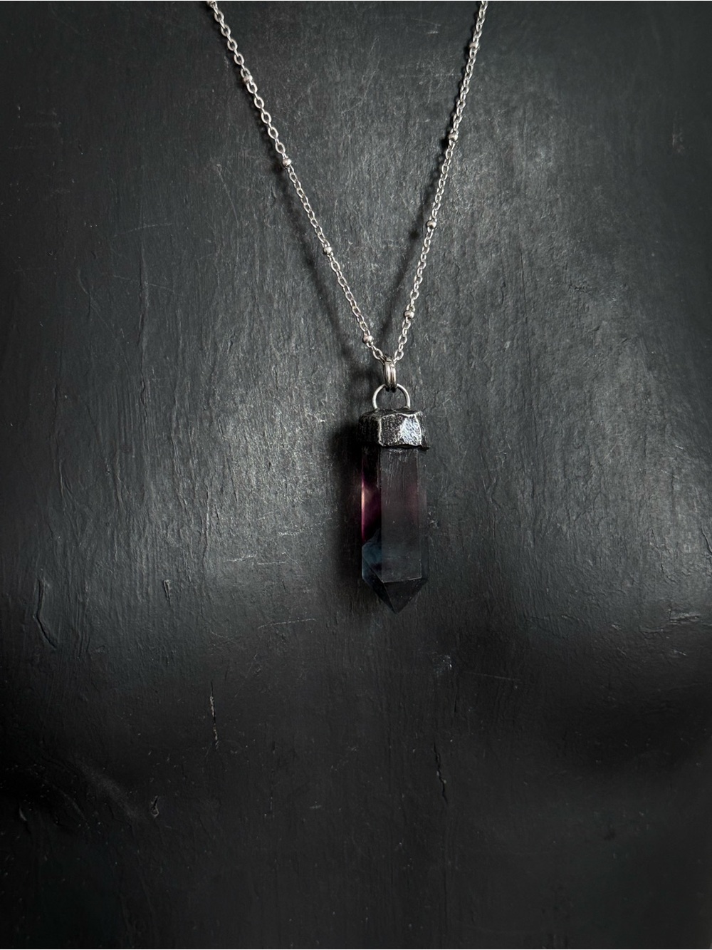 Rainbow Fluorite crystal point necklace pendant witchy boho goth jewelry chunky